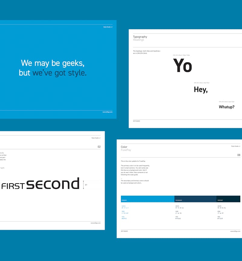 Four pages describing typography and color gradients on a medium blue background